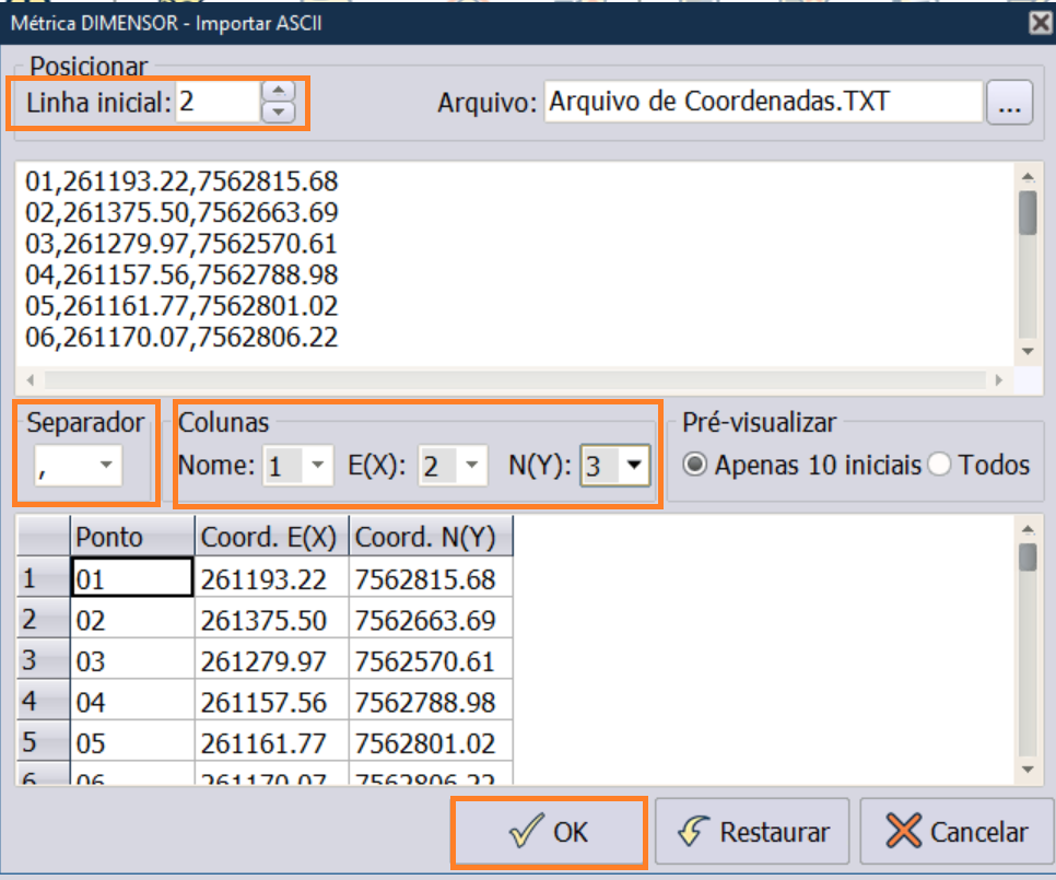 Importando Arquivo de coordenadas .txt Materiais de Suporte